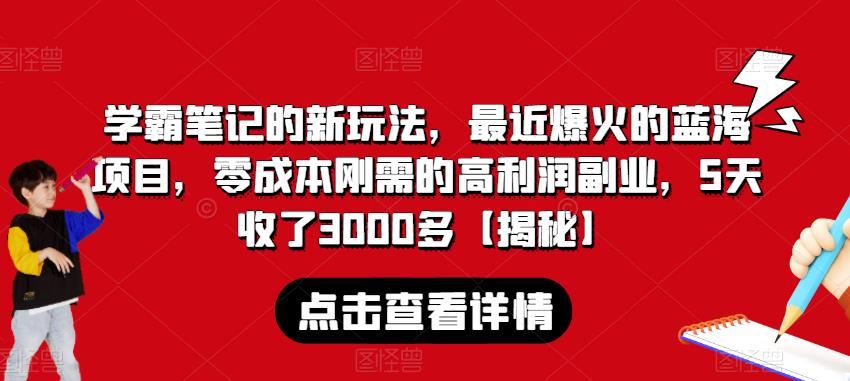 学霸笔记的新玩法，最近爆火的蓝海项目，零成本刚需的高利润副业，5天收了3000多【揭秘】-菡洋资源网