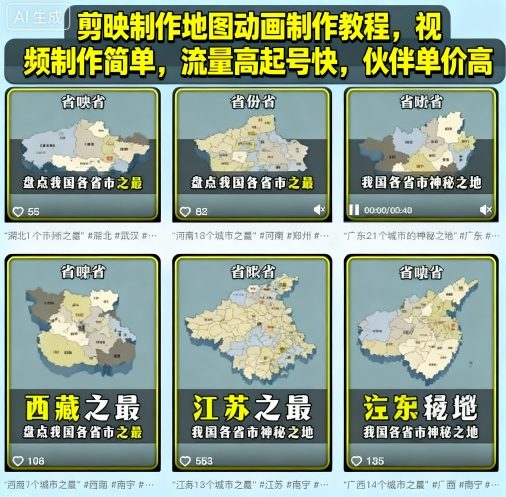 剪映制作地图动画制作教程，视频制作简单，流量高起号快，伙伴单价高-菡洋资源网