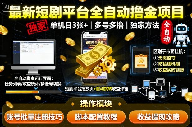 最新短剧平台全自动挂G撸金项目，单机一天3张+，多号多撸，区别于市面所有挂机项目，独家方法【揭秘】-菡洋资源网