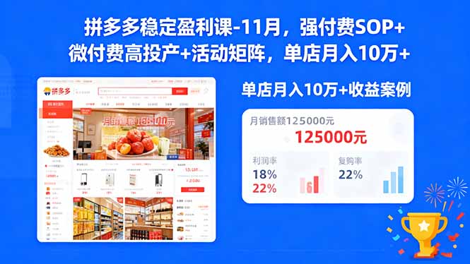 （16557期）拼多多稳定盈利课-11月，强付费SOP+微付费高投产+活动矩阵，单店月入10w+-菡洋资源网