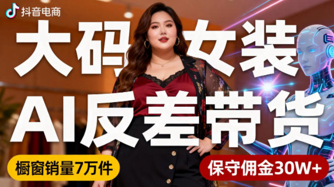 抖音小众赛道，大码女装AI反差带货，不用直播，每天6条作品，橱窗卖7万件，保守佣金30W+-菡洋资源网