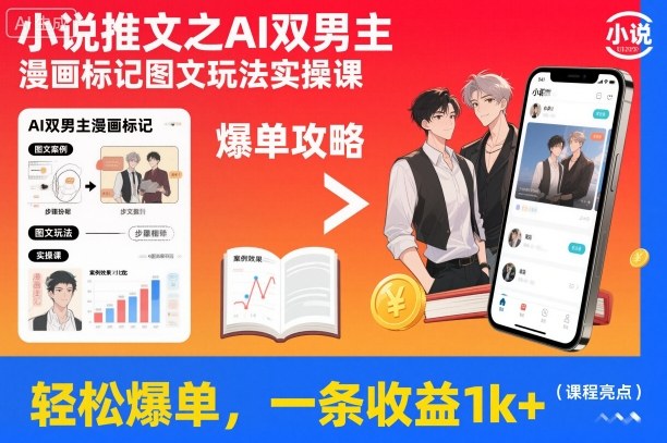 小说推文之AI双男主漫画标记图文玩法实操课，轻松爆单，一条收益1k+-菡洋资源网