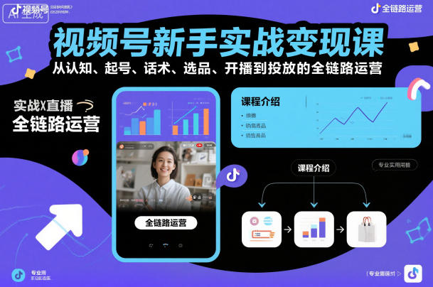 视频号新手实战变现课，从认知、起号、话术、选品、开播到投放的全链路运营-菡洋资源网
