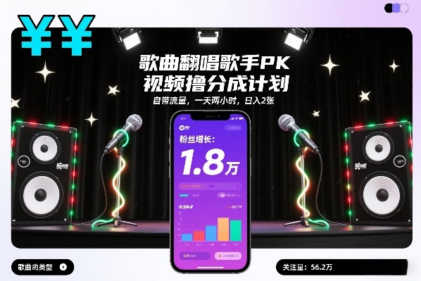 歌曲翻唱歌手PK视频撸分成计划，自带流量，一天两小时，日入2张-菡洋资源网