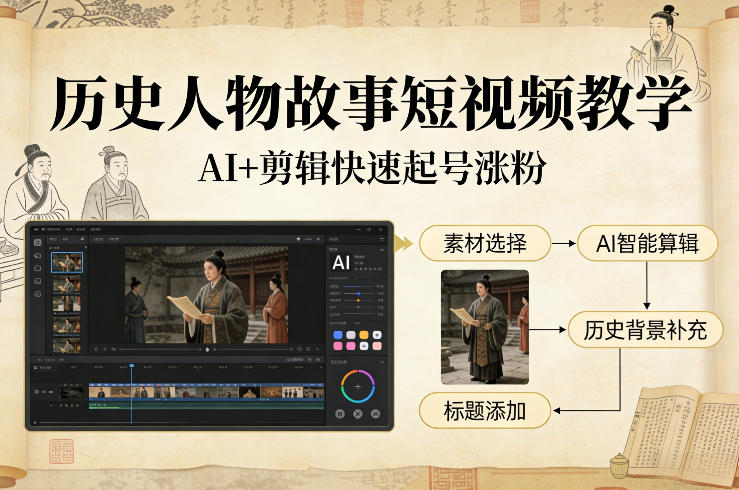 历史人物故事短视频教学，AI+剪辑制作历史人物题材短视频，快速起号涨粉-菡洋资源网