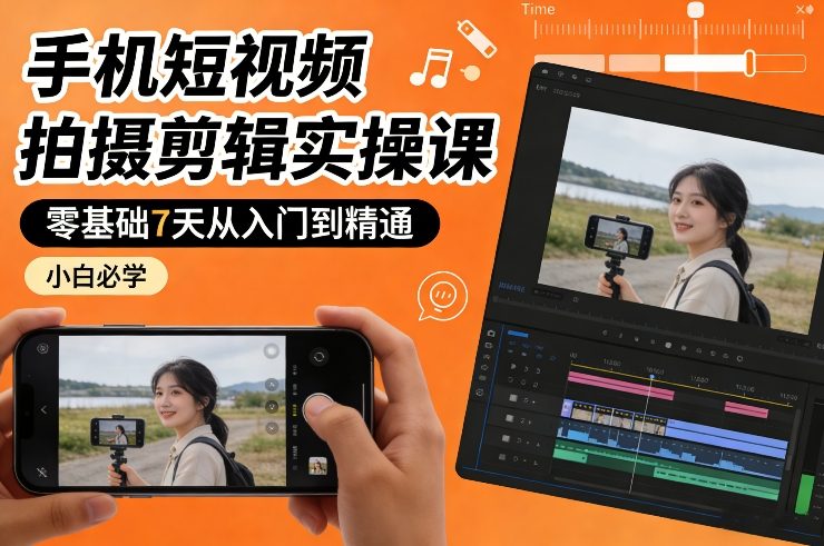 手机短视频拍摄剪辑实操课，零基础7天从入门到精通，小白必学-菡洋资源网